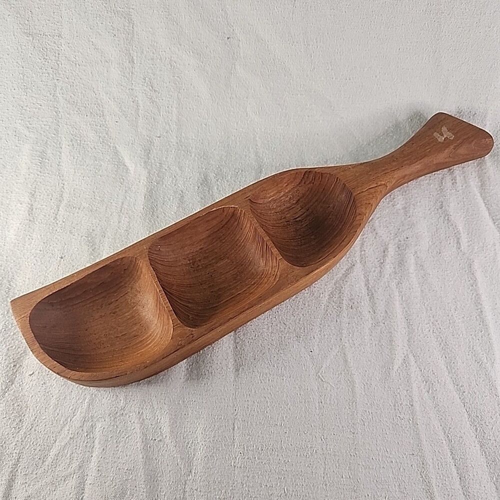 Tray Phillipines Teak Wood Handled Sectioned Dish Candy, Snack, Trinket MCM VTG